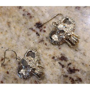 3D Elephant Head Dangle Earrings Hook Gold Tone Fashion Jewelry Tusks